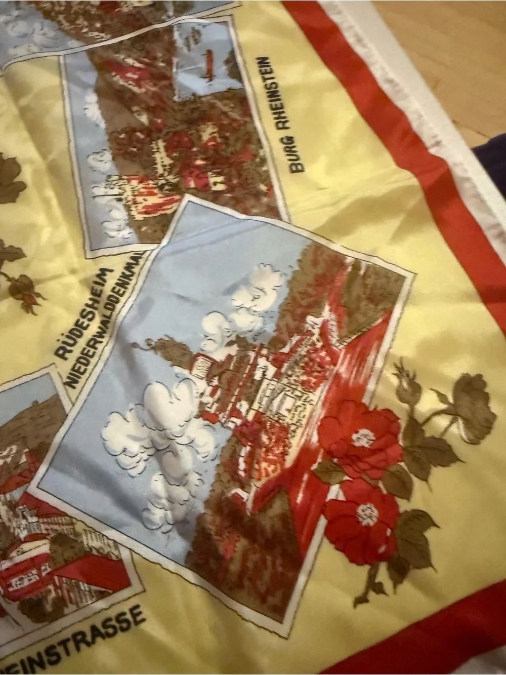 Yellow Scenic Rhine Souvenir Scarf with Red Floral Accents